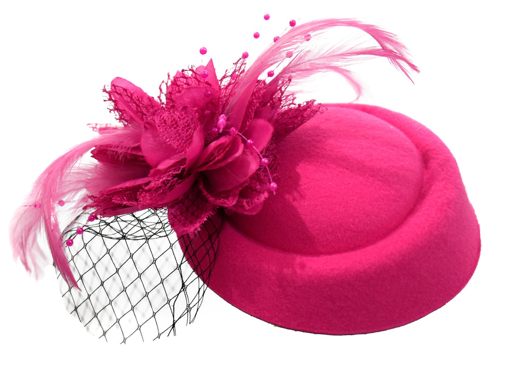 Caprilite Fuchsia Hot Pink Fascinator Hat Pill Box Flower Black Veil Hatinator UK Wedding Ascot Races Clip Felt
