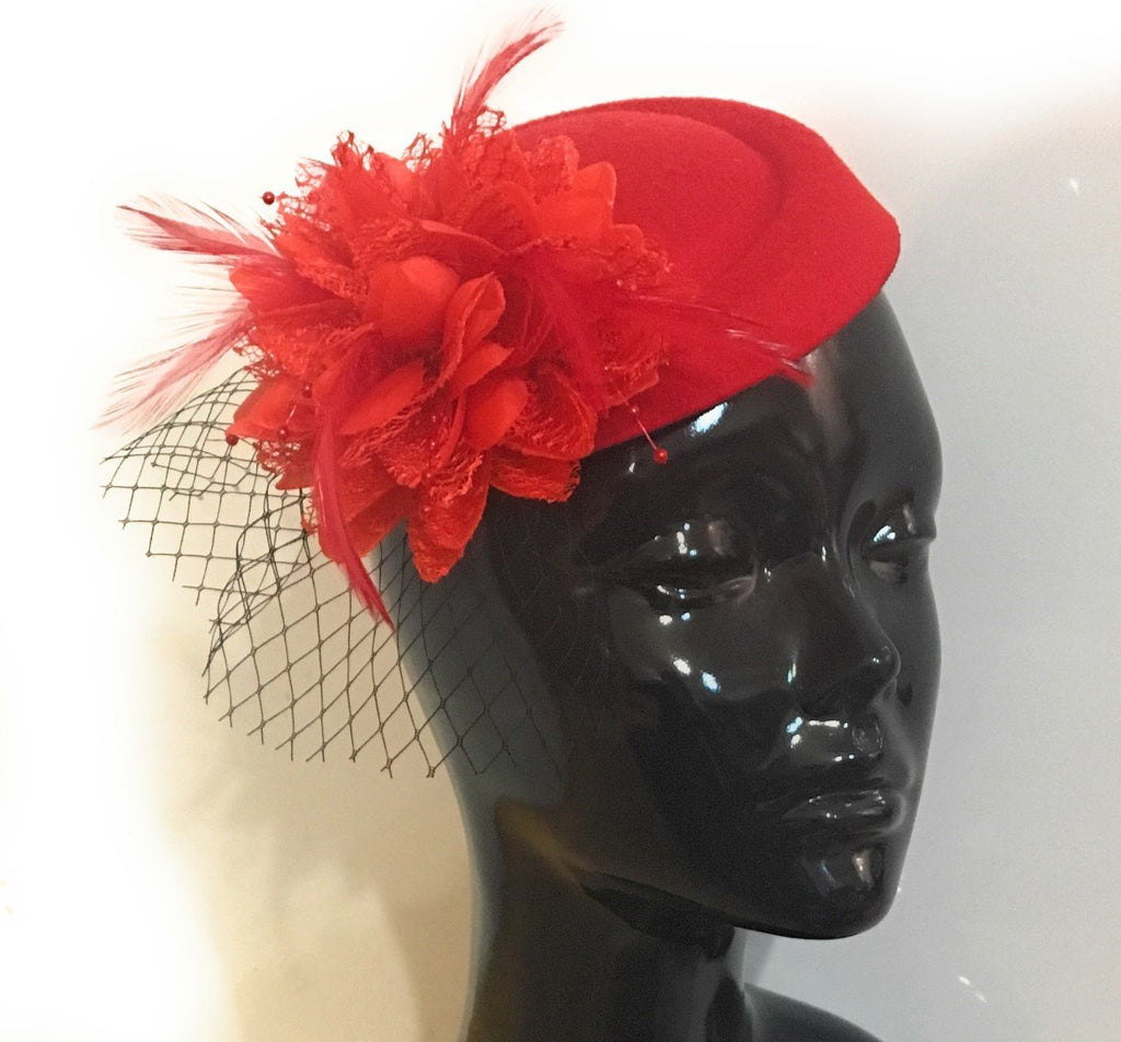 Caprilite Red Fascinator Hat Pill Box Flower Black Veil Hatinator UK Wedding Ascot Races Clip Felt