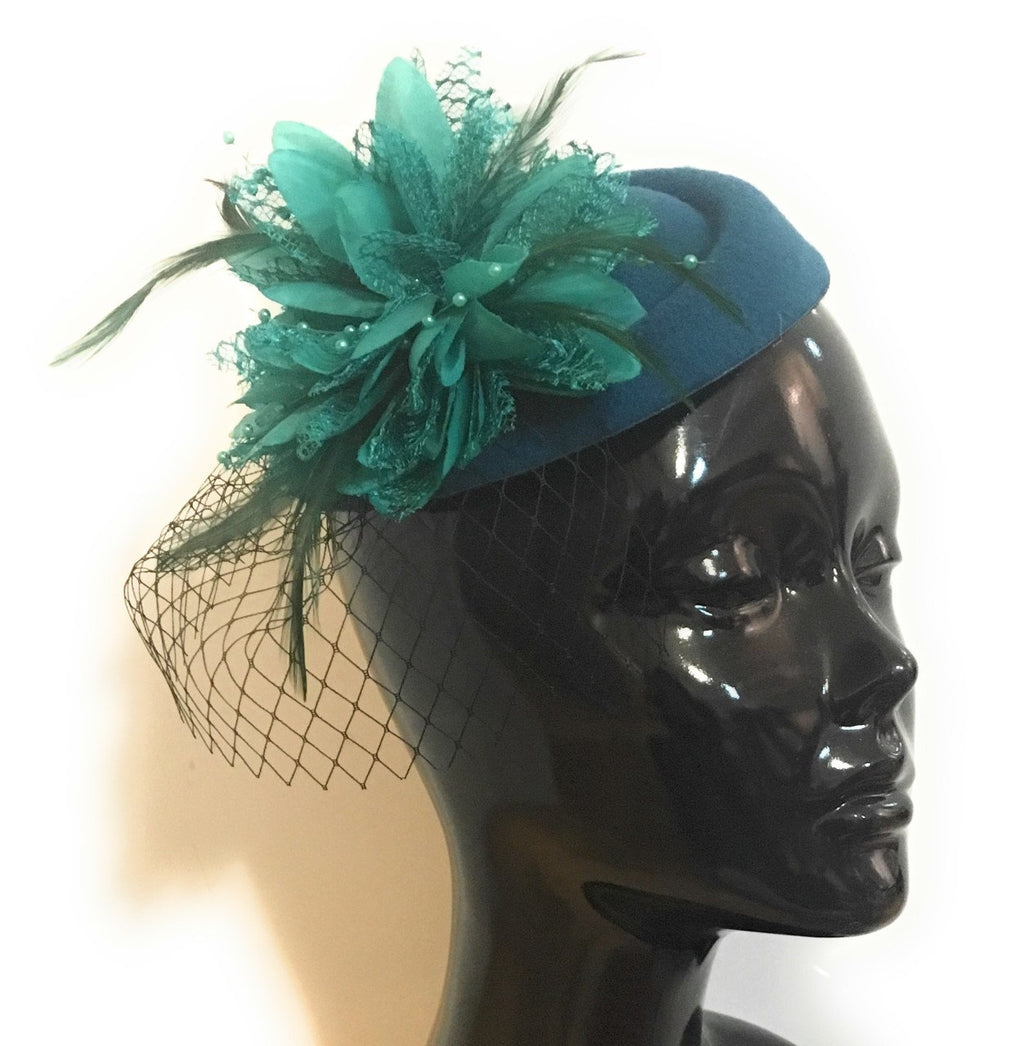 Caprilite Steel Blue and Teal Green Fascinator Hat Pill Box Flower Black Veil Hatinator UK Wedding Ascot Races Clip Felt