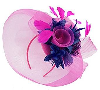 Caprilite Big Fuchsia Hot Pink and Navy Fascinator Hat Veil Net Hair Clip Ascot Derby Races Wedding Headband Feather Flower