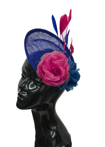 Caprilite Sinamay Rose Blue and Fuchsia Hot Pink Disc Saucer Hatinator Fascinator On Headband Wedding