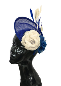 Caprilite Sinamay Rose Blue and Cream Ivory Disc Saucer Hatinator Fascinator On Headband Wedding