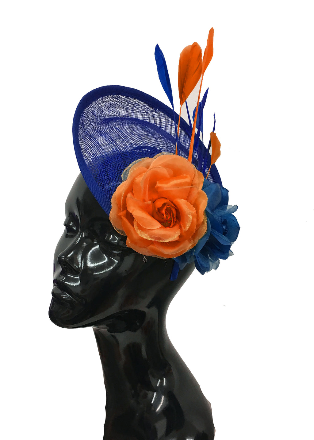 Caprilite Sinamay Rose Blue and Orange Disc Saucer Hatinator Fascinator On Headband Wedding