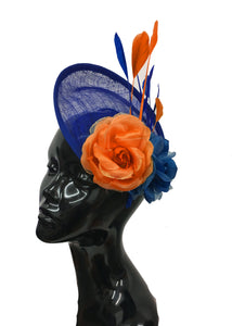 Caprilite Sinamay Rose Blue and Orange Disc Saucer Hatinator Fascinator On Headband Wedding