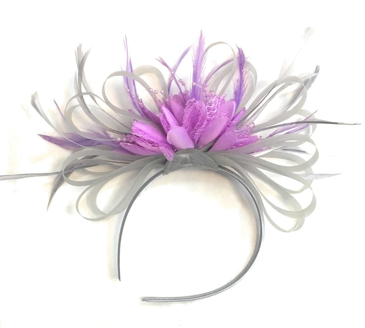 Caprilite Grey Silver & Lilac Purple Fascinator on Headband AliceBand UK Wedding Ascot Races Loop