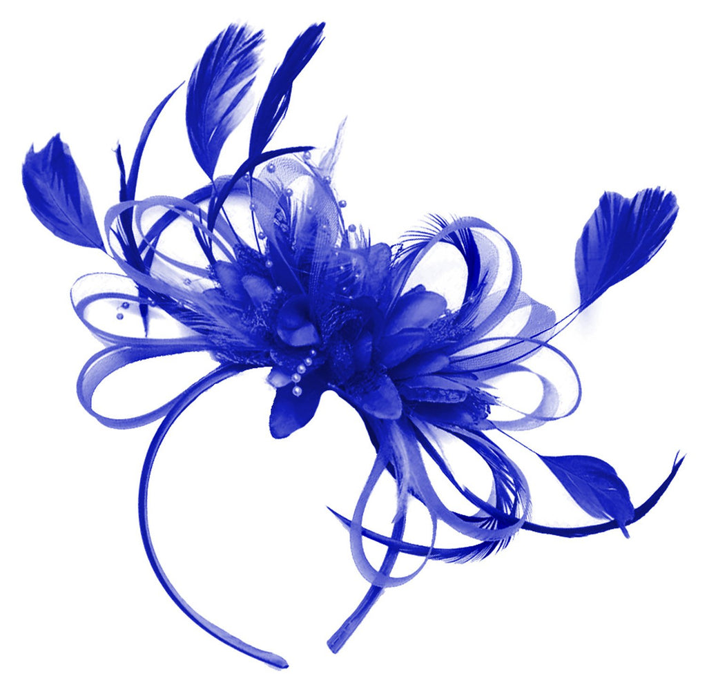 Caprilite Royal Blue Net Hoop & Feathers Fascinator On Headband Wedding