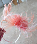 Caprilite All Nude Salmon pink Peach Fascinator on Headband Alice Band UK Wedding Ascot Races Loop