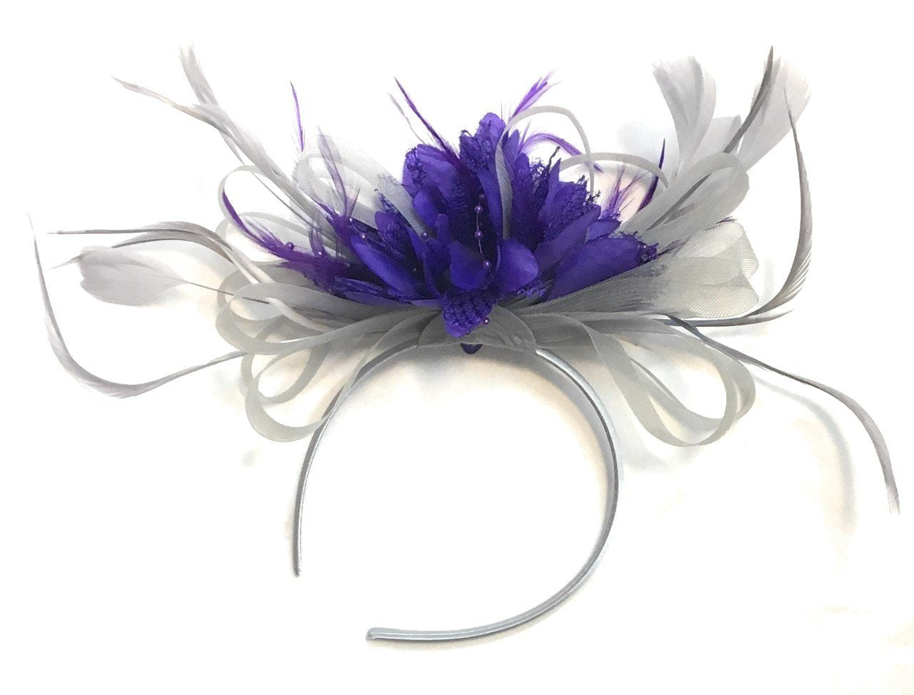 Caprilite Grey Silver & Cadbury Purple Fascinator on Headband AliceBand UK Wedding Ascot Races Loop
