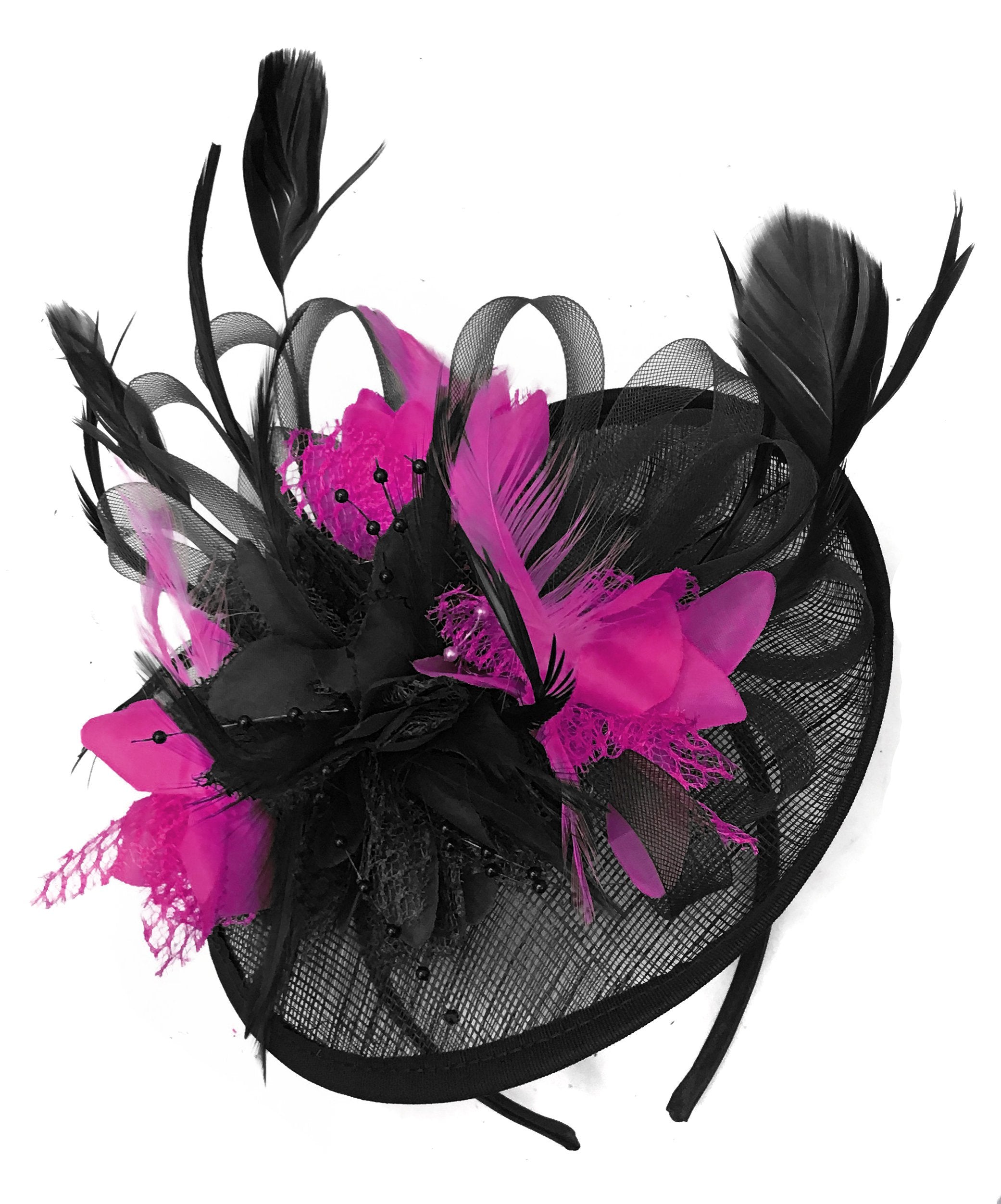 Caprilite Black and Fuchsia Hot Pink Sinamay Disc Saucer Fascinator Hat for Women Weddings Headband
