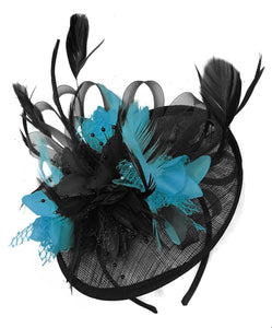 Caprilite Black and Aqua Sinamay Disc Saucer Fascinator Hat for Women Weddings Headband