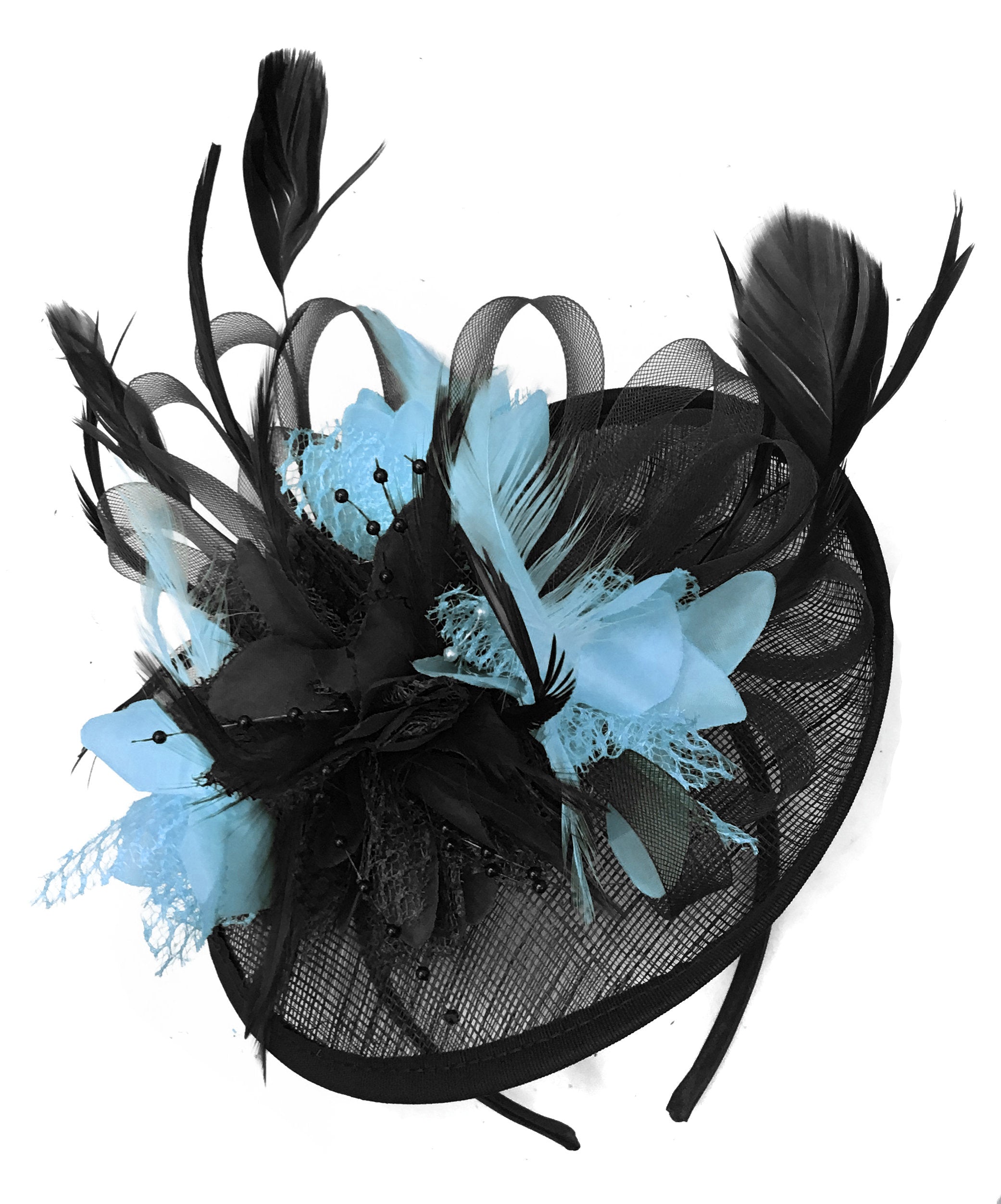 Caprilite Black and Light Blue Sinamay Disc Saucer Fascinator Hat for Women Weddings Headband