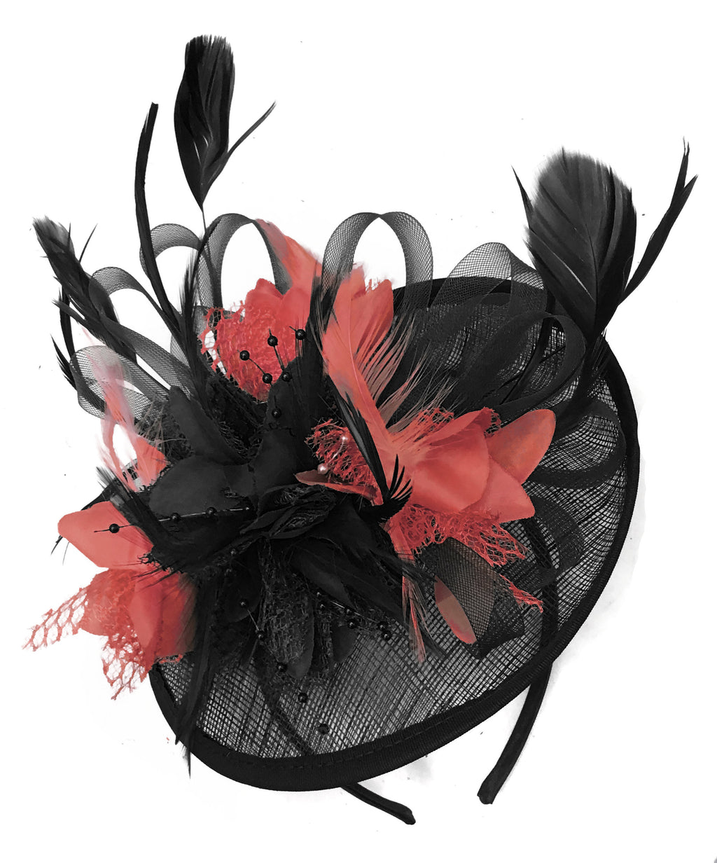 Caprilite Black and Coral Sinamay Disc Saucer Fascinator Hat for Women Weddings Headband