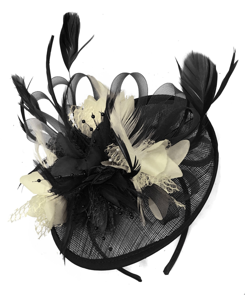 Caprilite Black and Cream Sinamay Disc Saucer Fascinator Hat for Women Weddings Headband