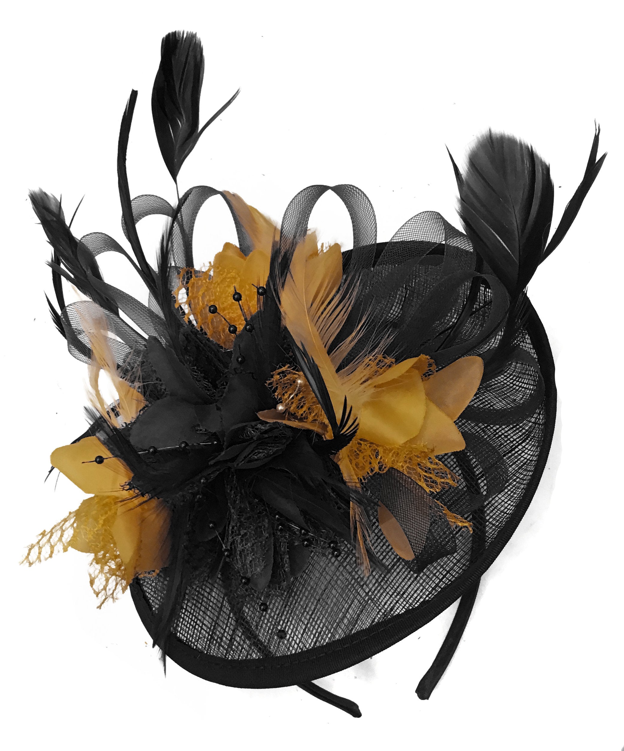 Caprilite Black and Mustard Sinamay Disc Saucer Fascinator Hat for Women Weddings Headband