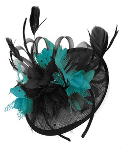 Caprilite Black and Teal Turquoise Sinamay Disc Saucer Fascinator Hat for Women Weddings Headband