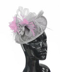 Caprilite Grey Silver and Baby Light Pink Sinamay Disc Saucer Fascinator Hat for Women Weddings Headband