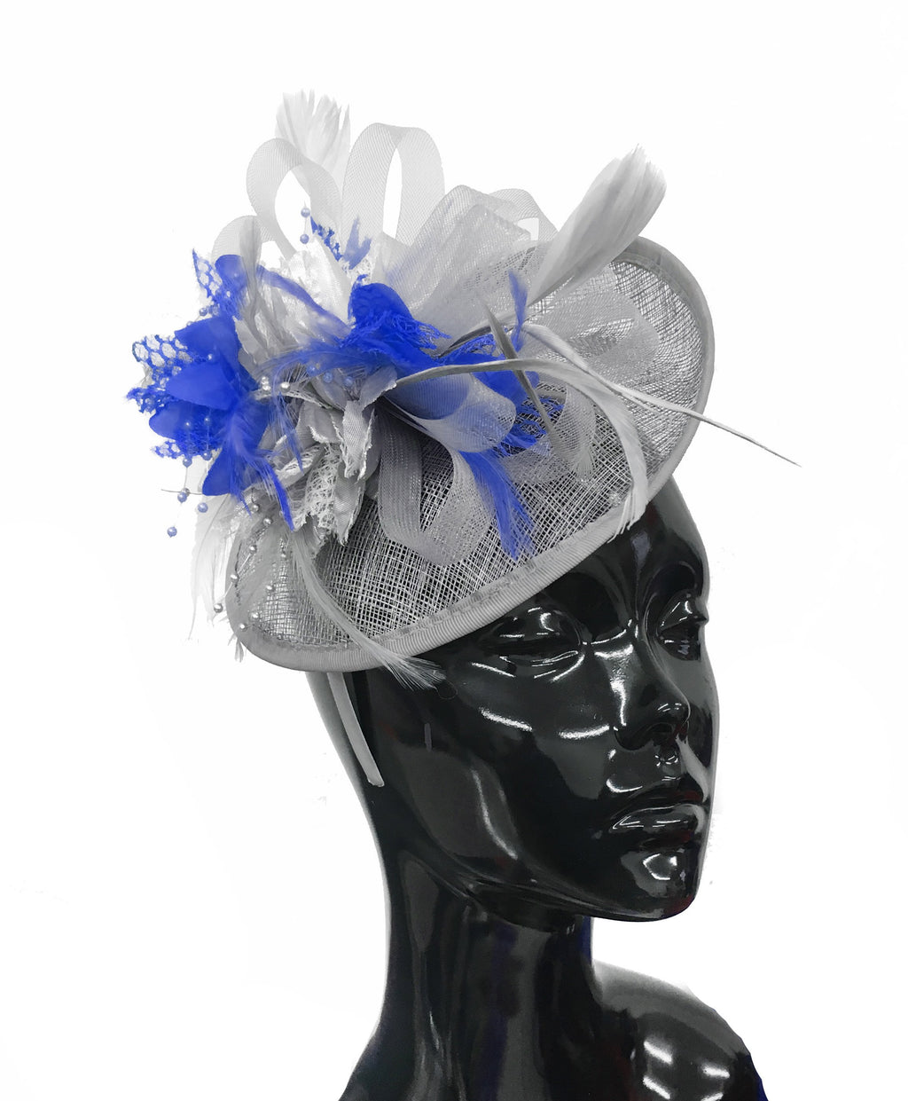 Caprilite Grey Silver and Royal Blue Sinamay Disc Saucer Fascinator Hat for Women Weddings Headband