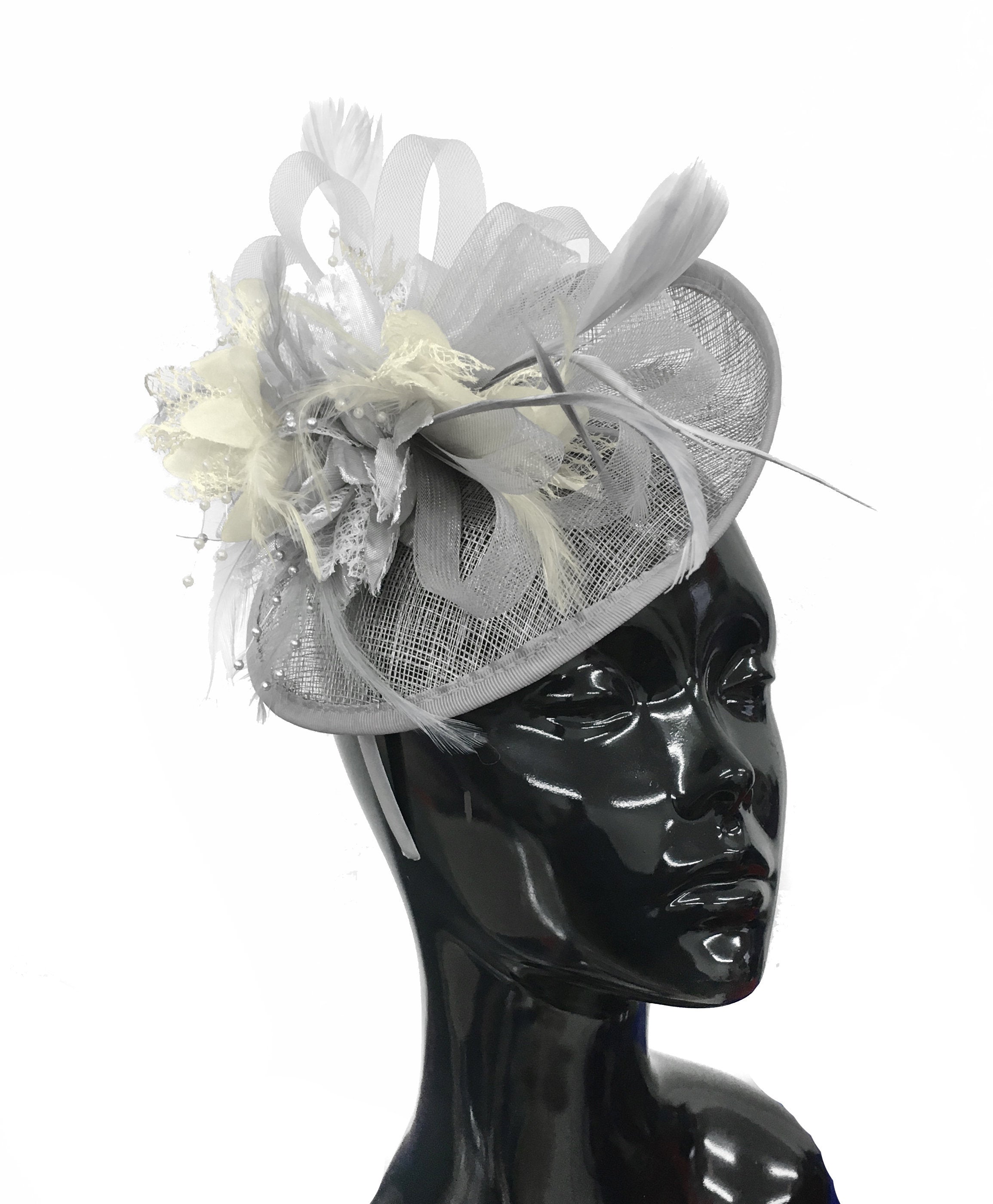 Caprilite Grey Silver and Cream Ivory Sinamay Disc Saucer Fascinator Hat for Women Weddings Headband