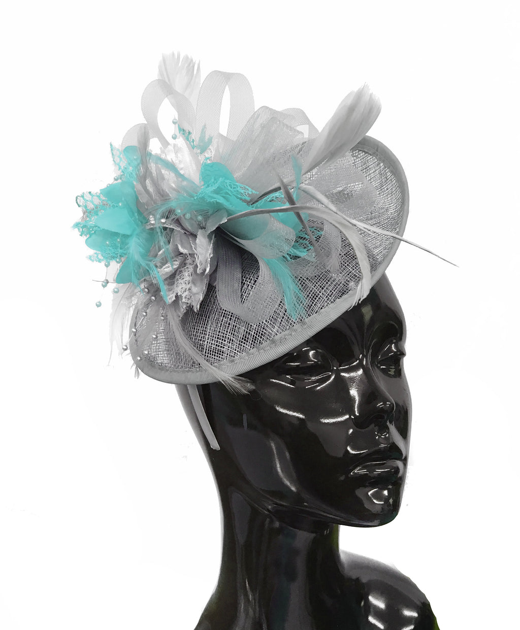 Caprilite Grey Silver and Light Turquoise Sinamay Disc Saucer Fascinator Hat for Women Weddings Headband