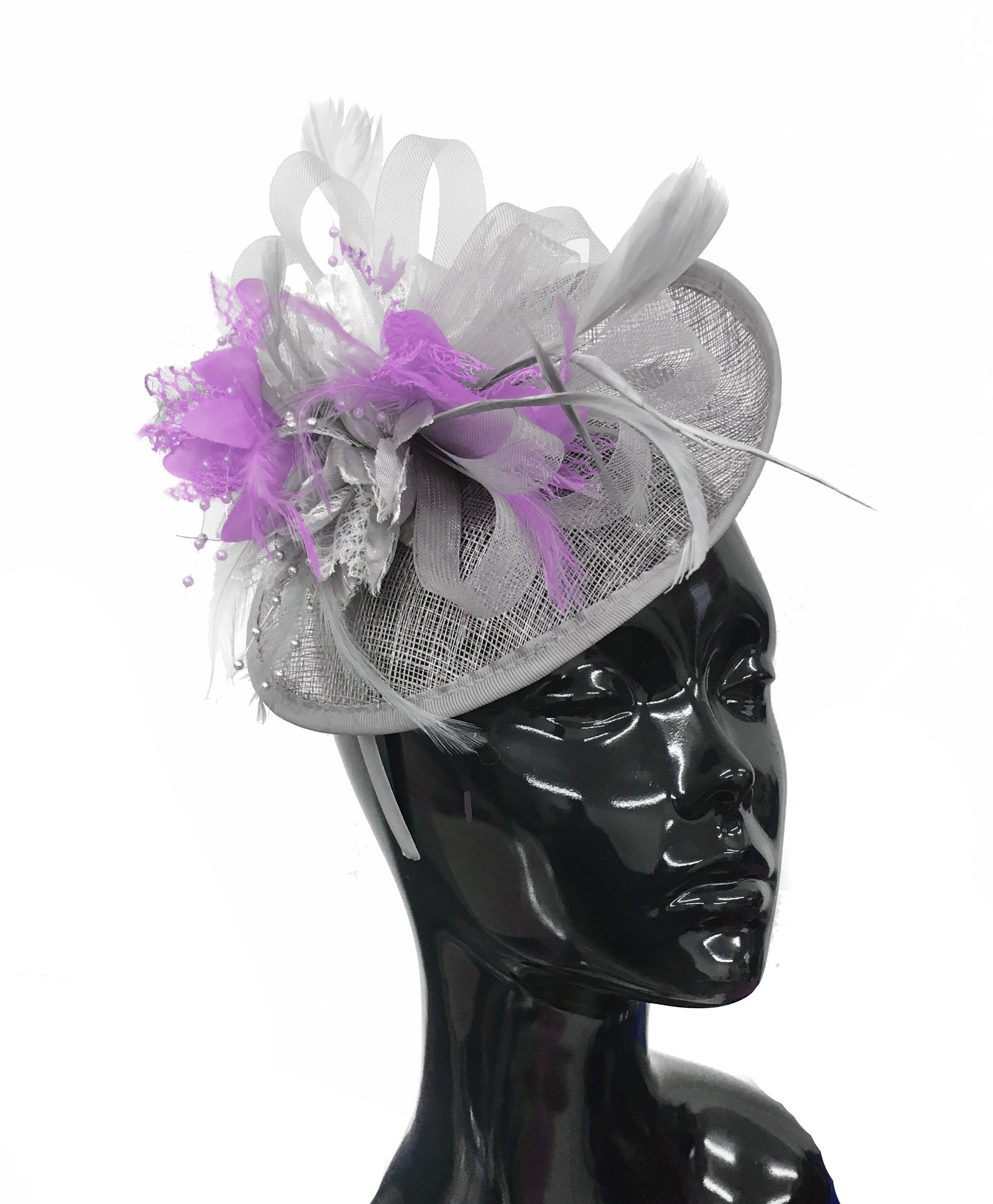 Caprilite Grey Silver and Lilac Sinamay Disc Saucer Fascinator Hat for Women Weddings Headband