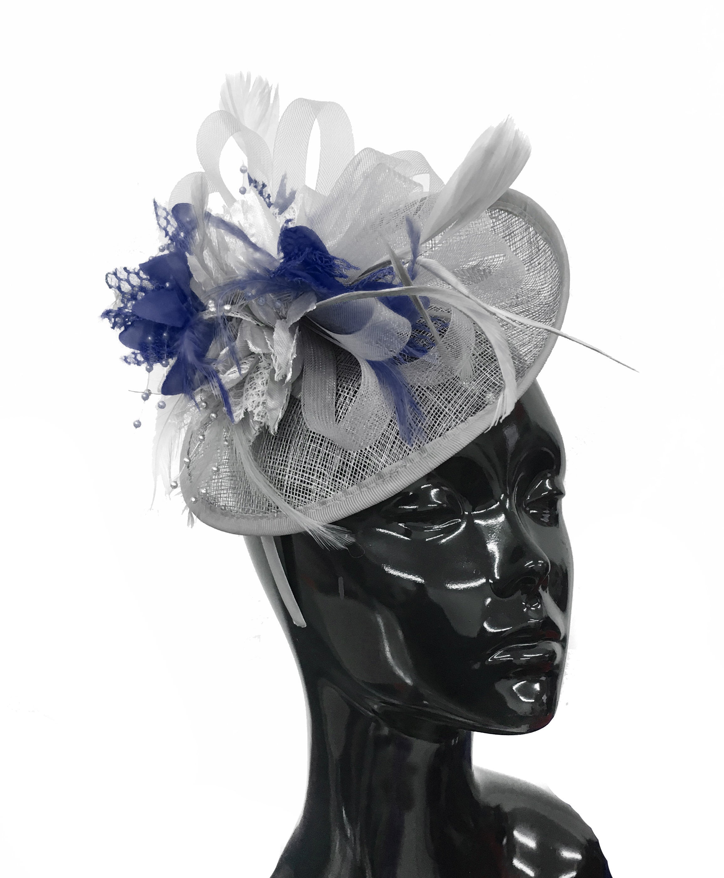 Caprilite Grey Silver and Navy Blue Sinamay Disc Saucer Fascinator Hat for Women Weddings Headband