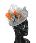 Caprilite Grey Silver and Orange Sinamay Disc Saucer Fascinator Hat for Women Weddings Headband