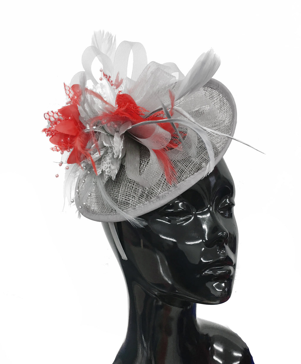 Caprilite Grey Silver and Red Sinamay Disc Saucer Fascinator Hat for Women Weddings Headband