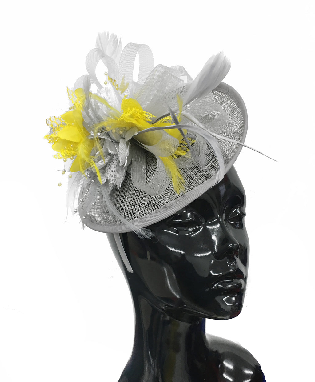 Caprilite Grey Silver and Yellow Sinamay Disc Saucer Fascinator Hat for Women Weddings Headband