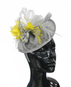 Caprilite Grey Silver and Yellow Sinamay Disc Saucer Fascinator Hat for Women Weddings Headband