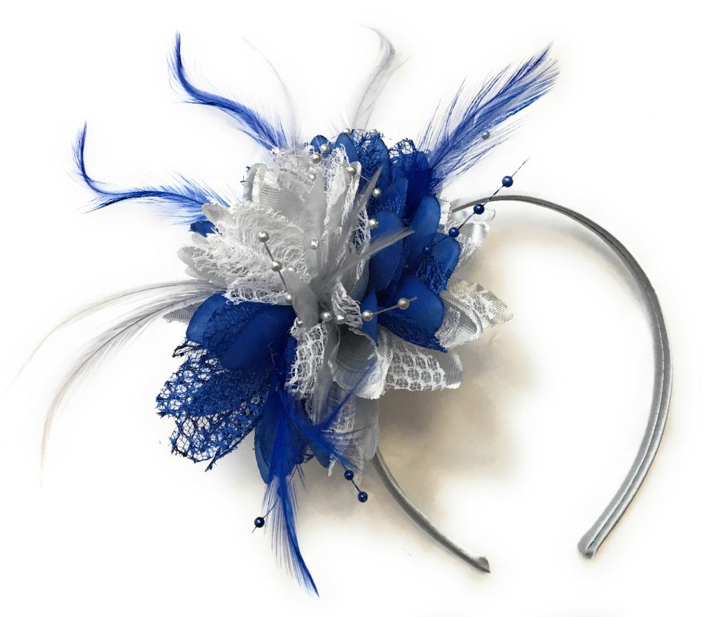 Caprilite Silver and Royal Blue Fascinator on Headband Alice Band Wedding Party Ascot Races