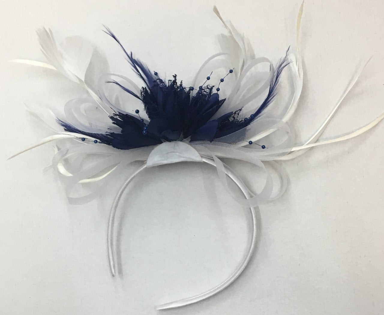 Caprilite White and Navy Blue Fascinator on Headband for Weddings Ascot Derby