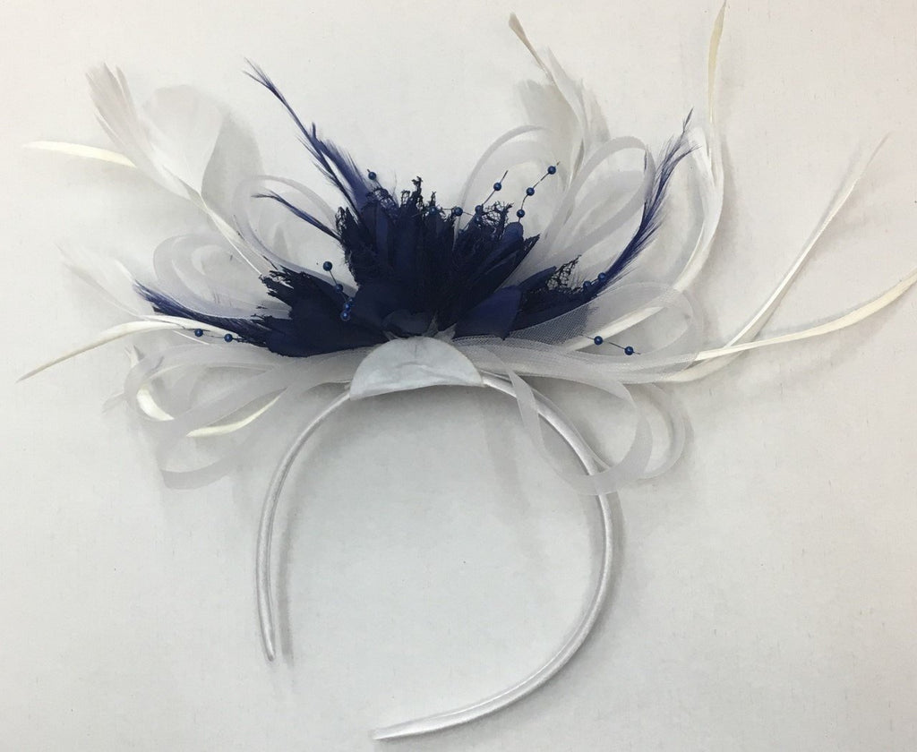 Caprilite White and Navy Blue Fascinator on Headband for Weddings Ascot Derby