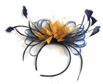 Caprilite Navy Blue and Mustard Yellow Fascinator on Headband Alice Band UK Wedding Ascot Races Derby