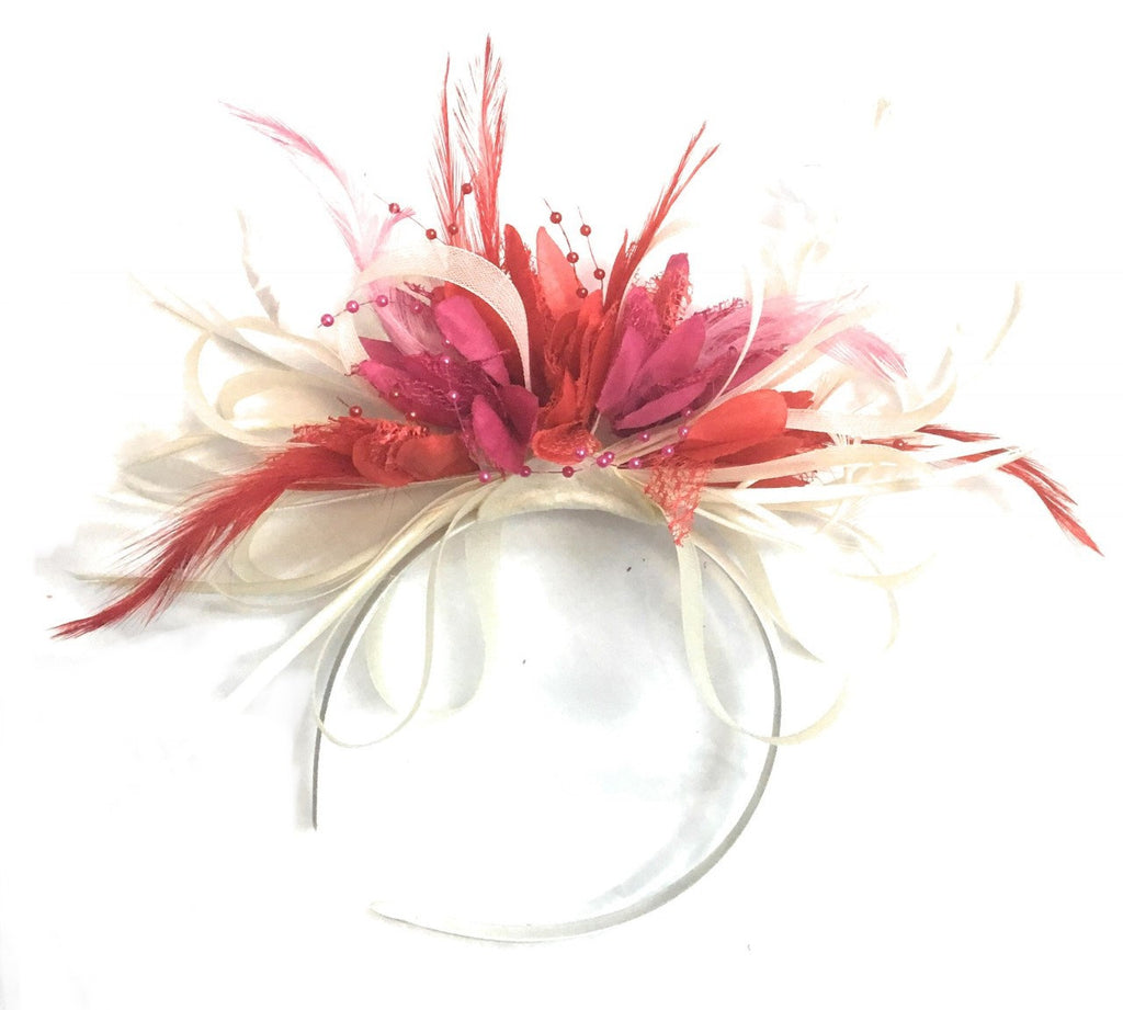 Caprilite Cream Scarlet Red and Fuchsia Pink Hoop Feathers Fascinator On Headband for Weddings and Ascot Races