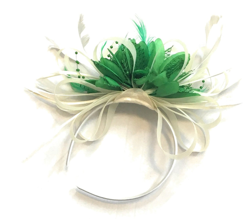 Caprilite Cream Hoop & Jade Forest Green Feathers Fascinator On Headband