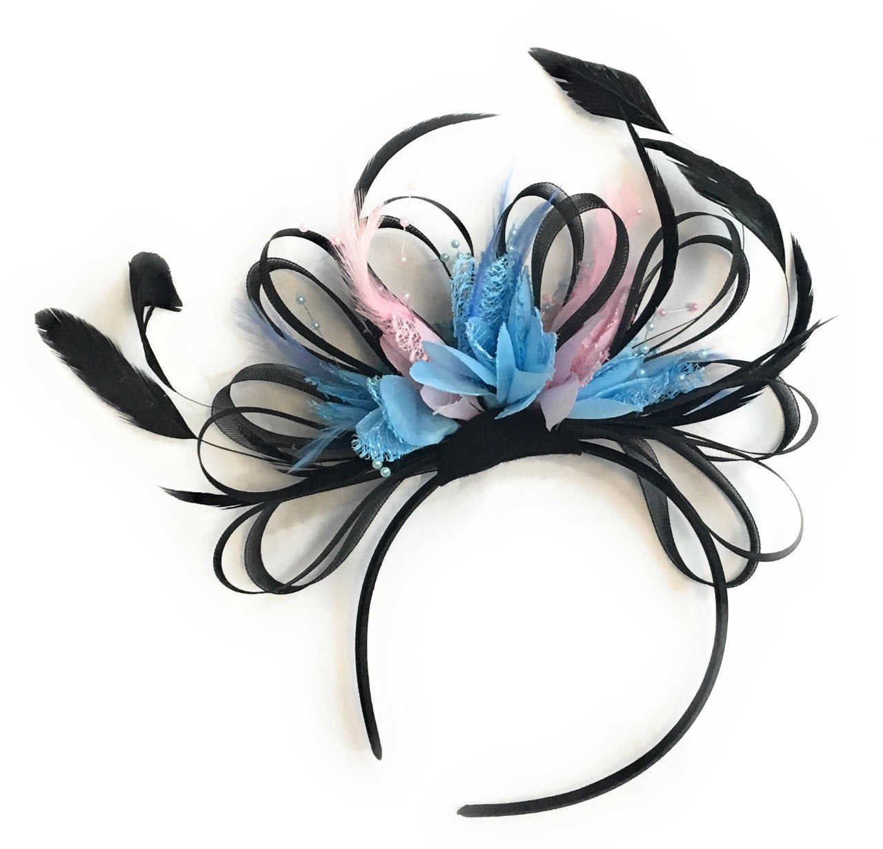 Caprilite Black, Baby Blue and Baby Pink Feathers Fascinator Headband Wedding Ascot Derby