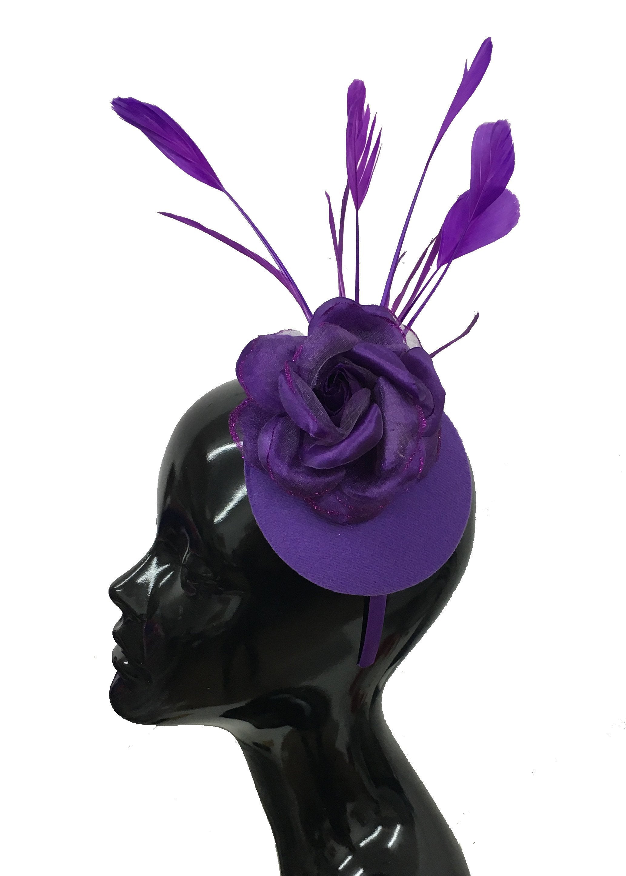 Caprilite Cadbury Purple Feathers Pillbox Fascinator Disc Saucer on Headband Ascot Wedding