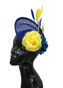 Caprilite Sinamay Rose Blue and Yellow Disc Saucer Hatinator Fascinator On Headband Wedding