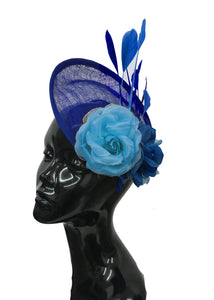 Caprilite Sinamay Rose Blue and Light Blue Disc Saucer Hatinator Fascinator On Headband Wedding