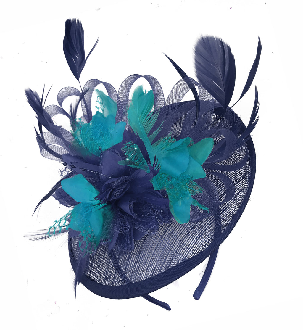 Caprilite Sinamay Navy Blue and Teal Disc Saucer Fascinator Hat for Women Weddings Headband