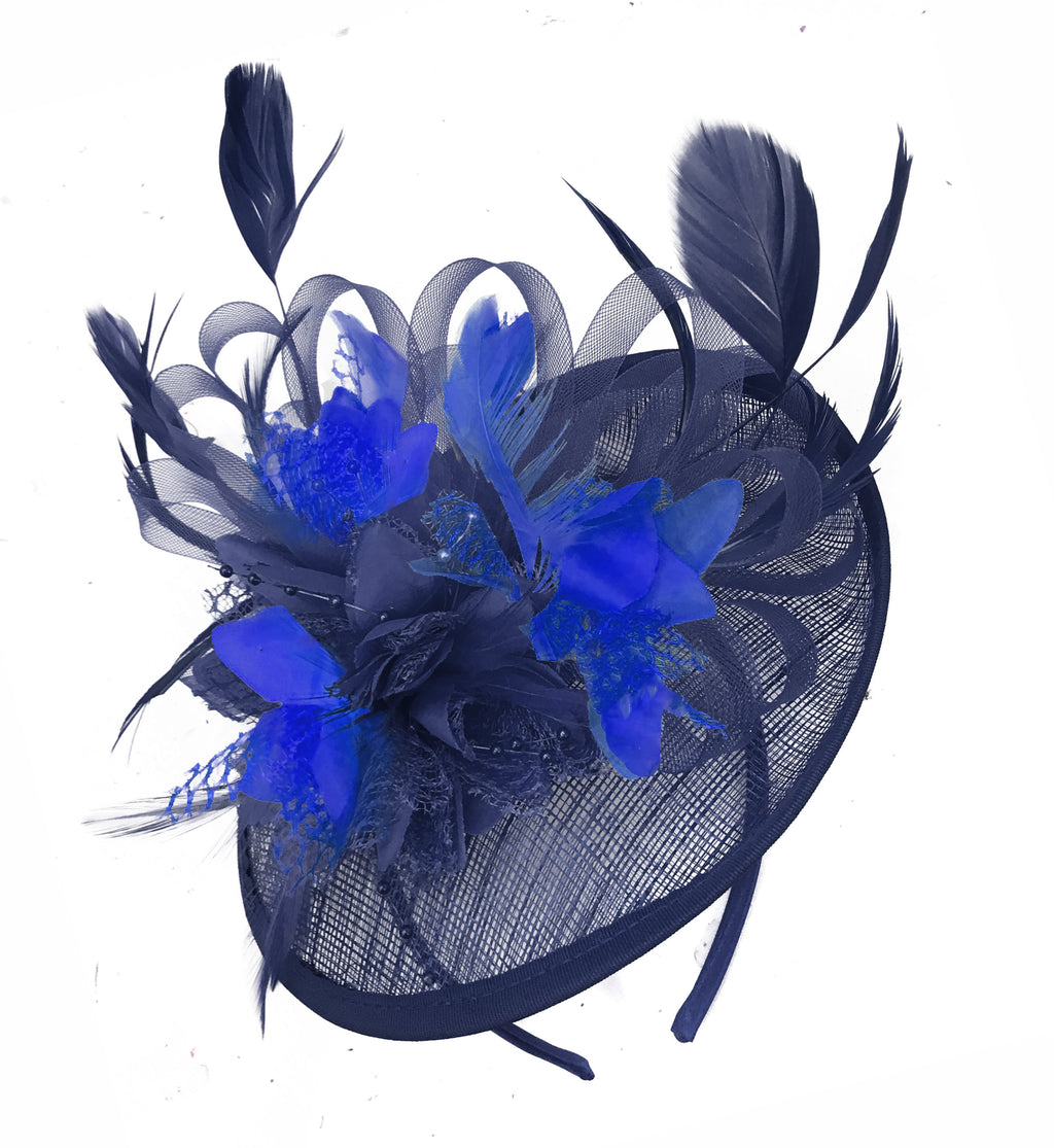 Caprilite Sinamay Navy Blue and Royal Blue Disc Saucer Fascinator Hat for Women Weddings Headband