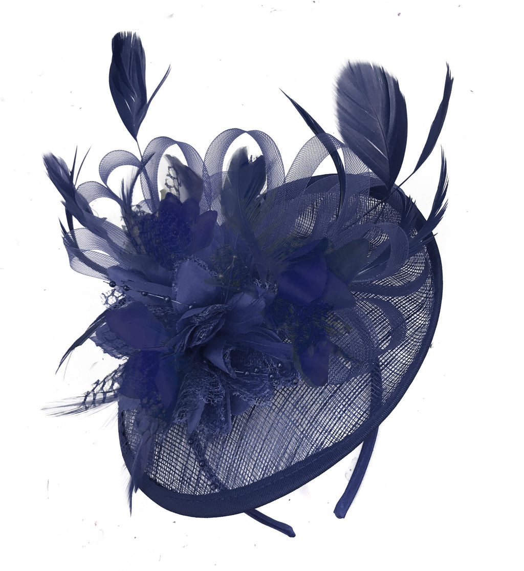 Caprilite Sinamay Navy Blue Disc Saucer Fascinator Hat for Women Weddings Headband