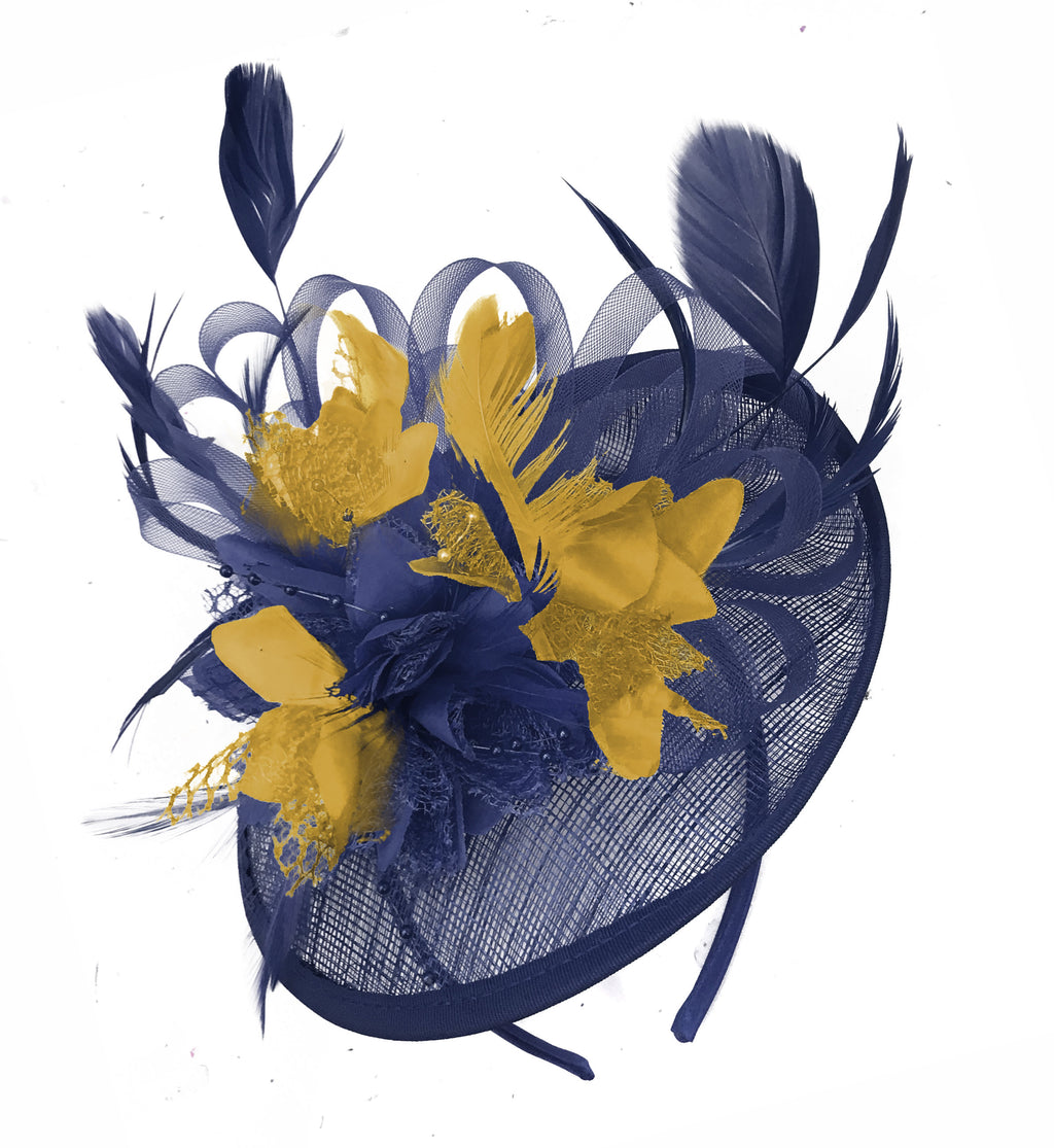 Caprilite Sinamay Navy Blue and Mustard Yellow Disc Saucer Fascinator Hat for Women Weddings Headband