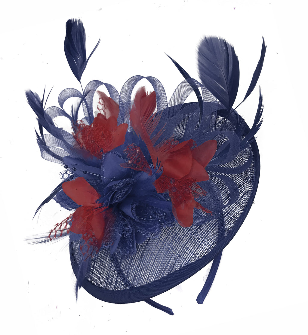 Caprilite Sinamay Navy Blue and Burgundy Disc Saucer Fascinator Hat for Women Weddings Headband