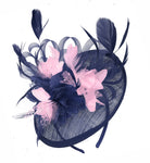 Caprilite Sinamay Navy Blue and Baby Pink Disc Saucer Fascinator Hat for Women Weddings Headband