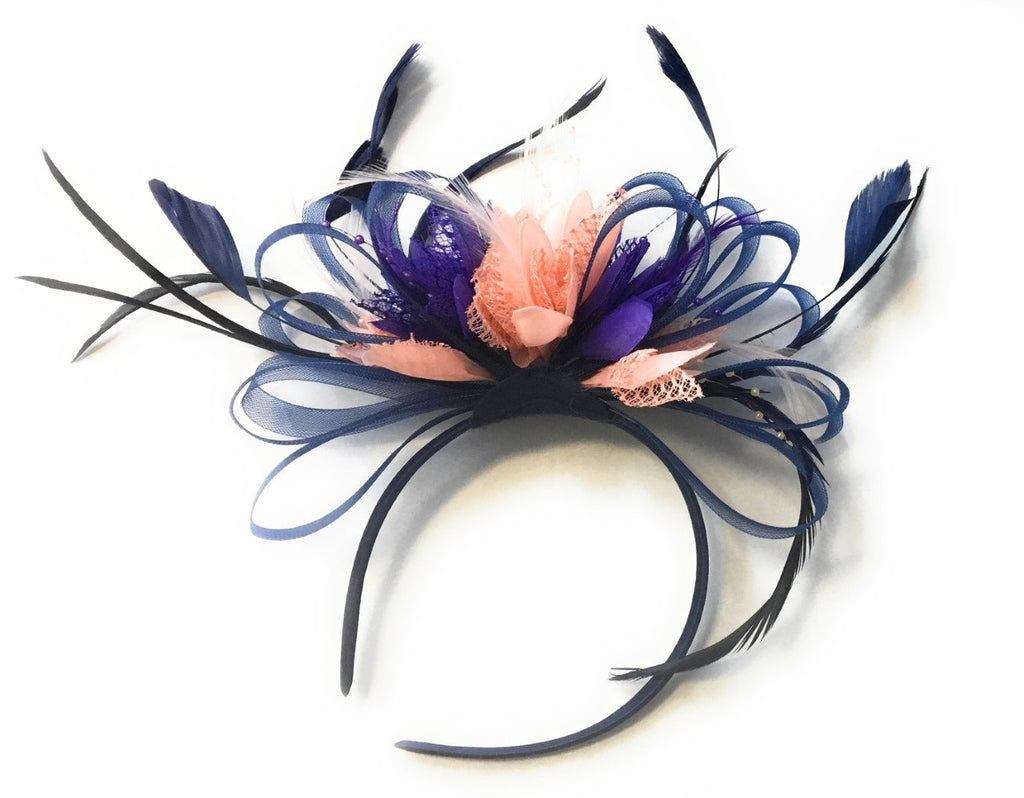 Caprilite Navy Blue Nude Peach Pink and Cadbury Purple Fascinator on Headband AliceBand UK Wedding Ascot Races Loop
