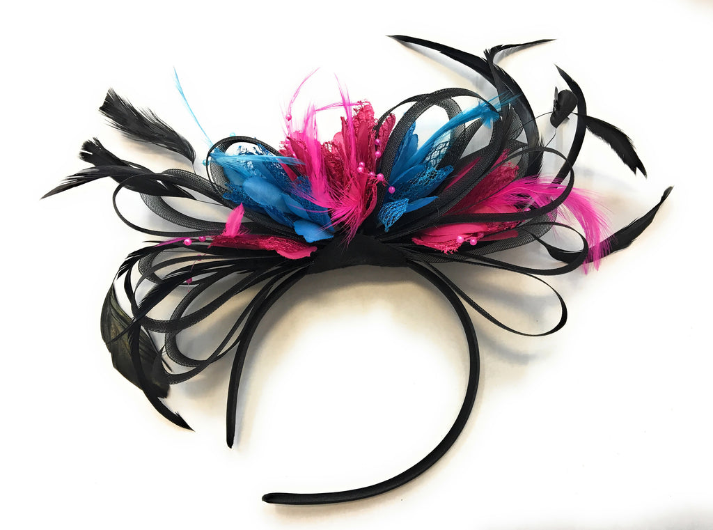 Caprilite Black, Fuchsia Pink and Aqua Blue Feathers Fascinator Headband Wedding Ascot Derby