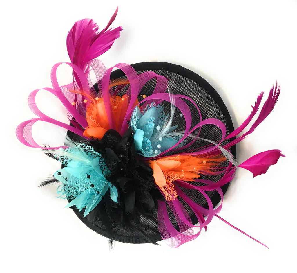 Caprilite Bespoke Black Fuchsia Pink Orange Light Turquoise Sinamay Disc Saucer Fascinator Hat for Women Weddings Headband