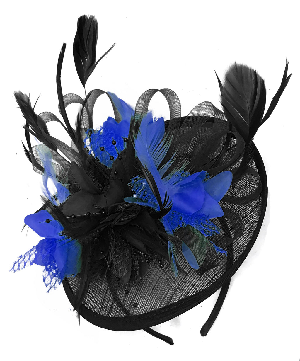 Caprilite Black and Royal Blue Sinamay Disc Saucer Fascinator Hat for Women Weddings Headband