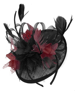 Caprilite Black and Burgundy Sinamay Disc Saucer Fascinator Hat for Women Weddings Headband